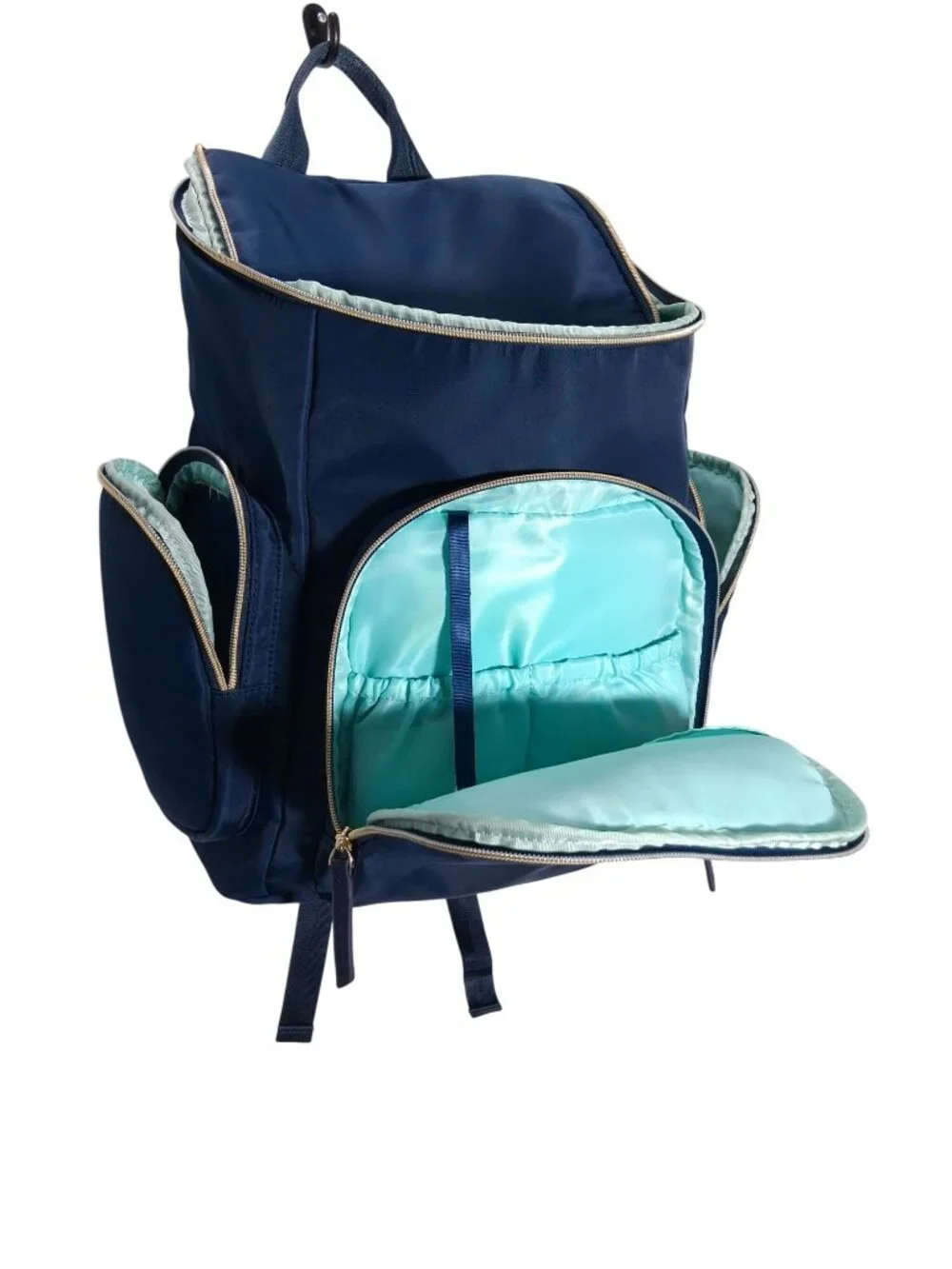 Austin Fowler Navy Diaper Backpack With Gold Zippers And Multiple Compartments